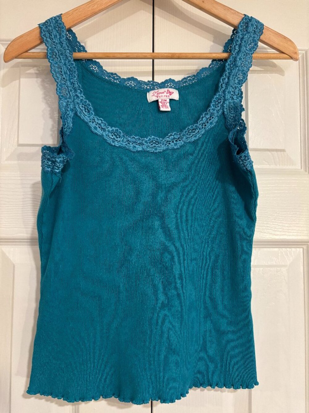 Vintage Zena Petites Lace Trim Tank Y2K Teal 100% Cotton Layering Tank M